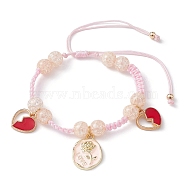 Synthetic Crackle Quartz Braided Bead Bracelet, Heart & Rose Alloy Enamel Charm Bracelet for Valentine's Day, Pink, Inner Diameter: 1-3/4~3-3/8 inch(4.5~8.5cm)(BJEW-JB09546)