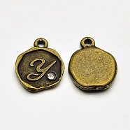 Antique Bronze Plated Alloy Rhinestone Charms, Flat Round with Letter.Y, Nickel Free, 13x10x1.5mm, Hole: 1mm(ALRI-J152-Y-NF)
