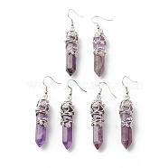 Natural Amethyst Bullet with Flower Dangle Earrings, Platinum Tone Brass Jewelry for Women, Cadmium Free & Lead Free, 62~63mm, Pin: 0.6mm(EJEW-G300-02P-03)