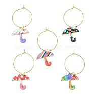 Umbrella Alloy Enamel Wine Glass Charms Sets, with Brass Hoop Earrings Findings, Mixed Color, 45mm, 5pcs/set(AJEW-JO00185)