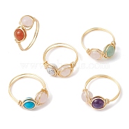 Natural & Synthetic Mixed Gemstone Braided Bead Style Finger Ring, Golden Copper Wire Wrap Ring for Women, Inner Diameter: Us Size 7 3/4(17.9mm)(RJEW-JR00615)