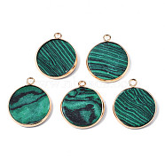 Synthetic Malachite Pendants, with Golden Plated Brass Edge and Loop, Flat Round, 25x21x3.5mm, Hole: 2mm(G-Q998-010E-1)