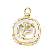 Rack Plating Brass Micro Pave Clear Cubic Zirconia Pendants, with Shell, Cadmium Free & Lead Free, Long-Lasting Plated, Real 18K Gold Plated, with Jump Ring, Letter P, 17.5x15x2.5mm, Hole: 3mm(KK-E102-33G-P)