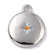 Brass Micro Pave Cubic Zirconia Charms, Long-Lasting Plated, Flat Round with Star, Orange Red, 12x10x2mm, Hole: 1.2mm(ZIRC-I054-13P-01)
