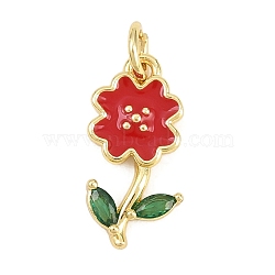 Brass Micro Pave Cubic Zirconia Pendants, with Enamel, Flower Charms, Long-Lasting Plated, Rack Plating, Lead Free & Cadmium Free, Real 18K Gold Plated, Red, 17x8.5x2.5mm, Hole: 3.2mm(KK-F938-29G-01D)