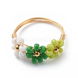 Glass Seed Braided Bead Flower Finger Rings, Gold Plated Copper Wire Wrap Jewelry for Women, Green, US Size 8 1/2(18.5mm)(RJEW-TA00054-01)
