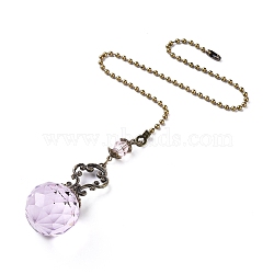Faceted Glass Round Big Pendant Decorations, with Tibetan Style Alloy Findings, Pearl Pink, 410mm(HJEW-F007-A03)