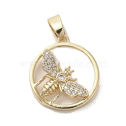 Brass Micro Pave Clear Cubic Zirconia Pendants, Long-Lasting Plated, Flat Round with Bees, Golden, 16.5x15x4mm, Hole: 5x3mm(KK-M275-14G)