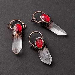 Natural Quartz Crystal Big Pendants, Rock Crystal, with Red Glass and Red Copper Tone Tin Findings, Lead & Nickel & Cadmium Free, Nuggets, 58.5x22x15.5mm(G-M383-05R)