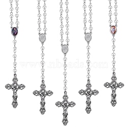 5Pcs Rosary Bead Necklace, Alloy Cross Pendant Necklace with Glass Blank Dome, Synthetic Hematite & Imitation Pearl Beaded Jewelry for Women, Antique Silver, 18.50 inch(47cm)(NJEW-SW00017)