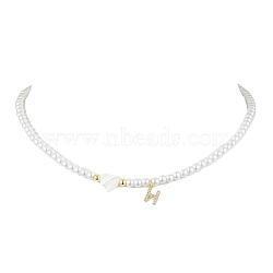 Brass Micro Pave Grade AAA Cubic Zirconia Letter Pendant Necklaces, Heart & Round Baking Painted Pearlized Glass Pearl Beaded Necklaces for Women, Letter H, 15.20 inch(38.6cm)(NJEW-JN04771-08)