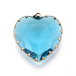 Transparent Glass Pendants, Heart, with Brass Edge, Faceted, Sky Blue, 30~32x28~28.5x8.5~9.5mm, Hole: 2.2~2.4mm(KK-N283-01D-G)