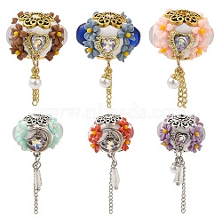 Polymer Clay Pave Rhinestone Beads with Resin Flower, Rondelle Beads with Chains Tassel, Mixed Color, 41.5mm, Hole: 1.8mm(CLAY-D007-02)