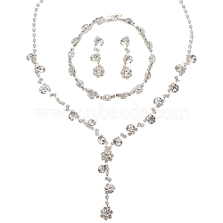 1 Set Crystal Rhinestone Lariat Necklace & Link Chain Bracelet & Dangle Stud Earrings, Brass Jewelry Set for Wedding Party, Silver, 33mm, Pin: 0.8mm, 183mm, 310mm(SJEW-AN0001-04)
