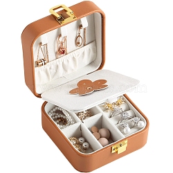 Square PU Leather Jewelry Set Organizer Zipper Box, with Mirror Inside, Portable Travel Jewelry Case for Earrings, Rings, Necklaces, Chocolate, 10x10x5cm(PW-WG68047-03)