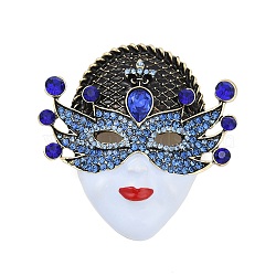 Retro Queen's Mask Enamel Pins, Alloy Rhinestone Brooches for Backpack Clothes, Light Sapphire, 56.5x58.5mm(PALLOY-D361-20AG-02)