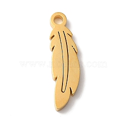 PVD Vacuum Plating 304 Stainless Steel Charms, Laser Cut, Feather Charms, Golden, 14x4x1mm, Hole: 1.2mm(STAS-L081-009G)