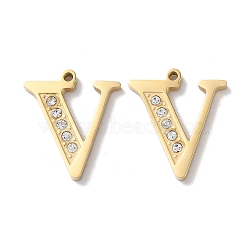 Real 14K Gold Plated 304 Stainless Steel Pendants, with Rhinestone, Letter V, 18x15.5x2mm, Hole: 1.2mm(STAS-L022-157G-V)