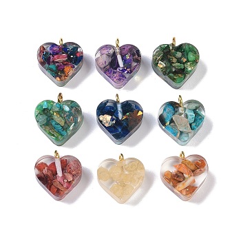Epoxy Resin Dyed Synthetic Imperial Jasper Pendants, Heart Charms with Golden Plated Brass Loops, Mixed Color, 16.5~18x16x6~7mm, Hole: 1.8mm