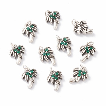 Brass Micro Pave Green Cubic Zirconia Charms, with Jump Rings, Long-Lasting Plated, Coconut Tree, Antique Silver, 12.5x9.5x3mm, Jump Ring: 4x0.5mm, Inner Diameter: 2.5mm