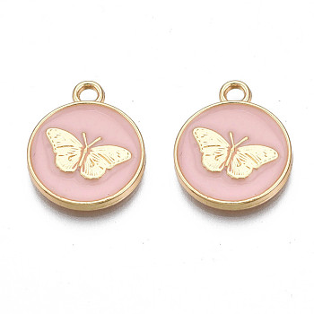 Alloy Enamel Pendants, Cadmium Free & Nickel Free & Lead Free, Light Gold, Flat Round with Butterfly, Pink, 18x15x2mm, Hole: 2mm