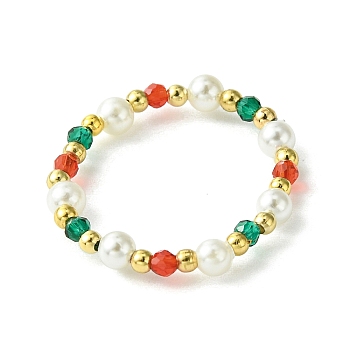 Christmas Theme Glass Rings, with Round Shell Pearl Beads and Brass Beads, Mixed Color, 3mm, Inner Diameter: 18mm