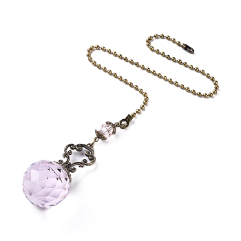 Faceted Glass Round Big Pendant Decorations, with Tibetan Style Alloy Findings, Pearl Pink, 410mm