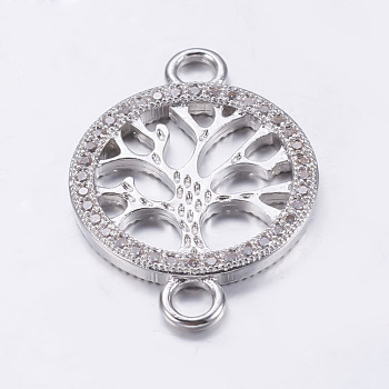 Brass Micro Pave Cubic Zirconia Links, Clear, Flat Round with Tree of Life, Real Platinum Plated, 27x19x2mm, Hole: 3mm