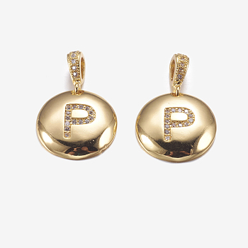 Brass Pendants, with Cubic Zirconia, Cadmium Free & Lead Free, Flat Round with Letter, Golden, Letter.P, 22mm, Hole: 2x3mm, Pendant: 15x3mm