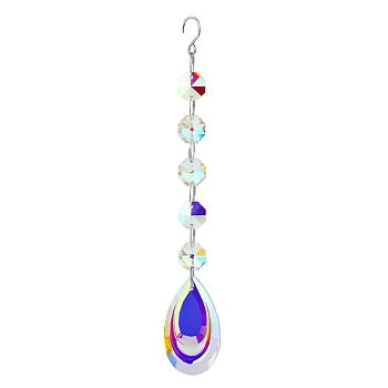 Clear AB Glass Pendant Decorations, with Glass Octagon Link, Hanging Suncatchers Garden Decorations, Teardrop, pendant: 50mm