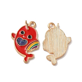 Alloy Enamel Pendants, Light Gold, Ghost Dolphin Charm, Red, 25x16x2mm, Hole: 1.6mm
