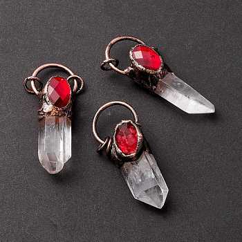 Natural Quartz Crystal Big Pendants, Rock Crystal, with Red Glass and Red Copper Tone Tin Findings, Lead & Nickel & Cadmium Free, Nuggets, 58.5x22x15.5mm