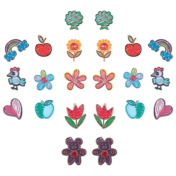 SUNNYCLUE 22Pcs 11 Style Transparent Acrylic Pendants, 3D Printed, Flower & Apple & Bear & Rooster/Cock & Rainbow with Cloud & Heart, Mixed Color, 2pcs/style