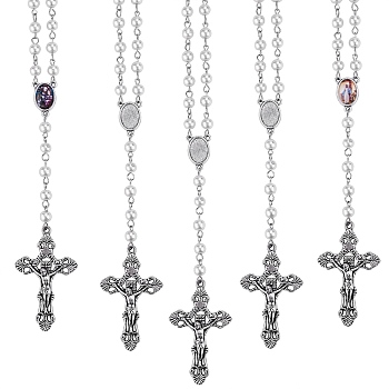 5Pcs Rosary Bead Necklace, Alloy Cross Pendant Necklace with Glass Blank Dome, Synthetic Hematite & Imitation Pearl Beaded Jewelry for Women, Antique Silver, 18.50 inch(47cm)