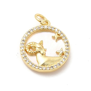 Brass Clear Cubic Zirconia with Shell Pendants, Flat Round Charms with Constellation Pattern, Golden, Capricorn, 17x15x3mm, Hole: 3mm