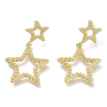 Brass Dangle Stud Earrings, with 304 Stainless Steel Pins and Plastic Ear Nuts, Textured Star, Real 18K Gold Plated, 41mm, Pin: 0.7mm