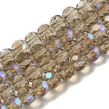 Electroplate Transparent Glass Beads Strands, Faceted, Round, Rainbow Plated, Dark Khaki, 6mm, Hole: 1mm, about 98~100pcs/strand, 20.39~20.59 inch(51.8~52.3cm)