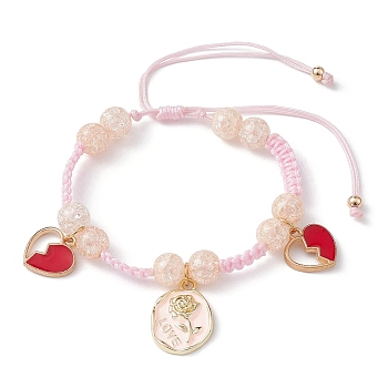 Synthetic Crackle Quartz Braided Bead Bracelet, Heart & Rose Alloy Enamel Charm Bracelet for Valentine's Day, Pink, Inner Diameter: 1-3/4~3-3/8 inch(4.5~8.5cm)