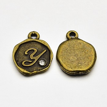 Antique Bronze Plated Alloy Rhinestone Charms, Flat Round with Letter.Y, Nickel Free, 13x10x1.5mm, Hole: 1mm