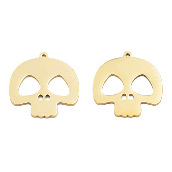 Ion Plating(IP) 201 Stainless Steel Pendants, Halloween Style, Skull, Real 18K Gold Plated, 26x25x1mm, Hole: 1.4mm