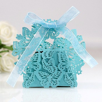 Creative Folding Wedding Candy Cardboard Boxes, Small Paper Gift Boxes, Hollow Butterfly with Ribbon, Dark Turquoise, Fold: 6.3x4x4cm
