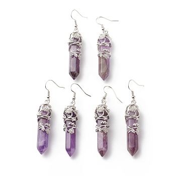 Natural Amethyst Bullet with Flower Dangle Earrings, Platinum Tone Brass Jewelry for Women, Cadmium Free & Lead Free, 62~63mm, Pin: 0.6mm