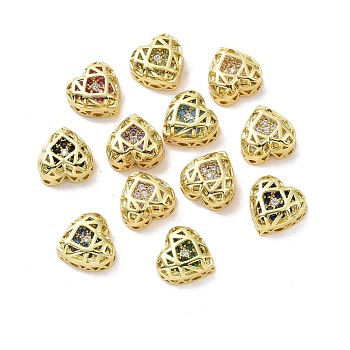 Eco-friendly Brass Cubic Zirconia Multi-Strand Links, Nickel Free, Cadmium Free & Lead Free, Heart, Golden, Mixed Color, 8x8x5mm, Hole: 1.2mm