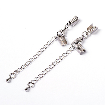 Brass Chain Extender, with Clasp & Clip Ends Set, Lobster Claw Clasp and Cord Crimp, Nickel Free, Platinum, Chain: 50x3.5mm, Hole: 1.5mm, Clasp: 12x7.5x3mm, Cord Crimp: 13x5mm