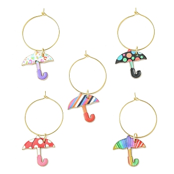 Umbrella Alloy Enamel Wine Glass Charms Sets, with Brass Hoop Earrings Findings, Mixed Color, 45mm, 5pcs/set