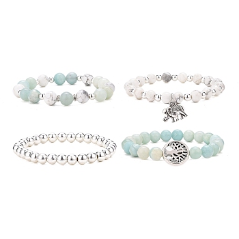 4Pcs 4 Style Natural Amazonite & Howlite Beaded Stretch Bracelets Set, Alloy Tree & Elephant Charms Stackable Bracelets for Women, Mixed Color, Inner Diameter: 2-1/8~2-1/4 inch(5.35~5.8cm), 1Pc/style