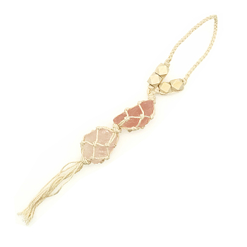 Double Natural Rose Quartz Tassel Pendant Decoration, with Old Lace Rope Wrapped, Nuggets, 270~330x30~50mm