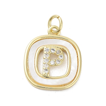 Rack Plating Brass Micro Pave Clear Cubic Zirconia Pendants, with Shell, Cadmium Free & Lead Free, Long-Lasting Plated, Real 18K Gold Plated, with Jump Ring, Letter P, 17.5x15x2.5mm, Hole: 3mm