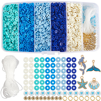 Ocean Theme DIY Disc/Flat Round Polymer Clay Beads & Alloy Enamel Charm Stretch Bracelets Making Kits, Mixed Color, 6x1mm, Hole: 2mm