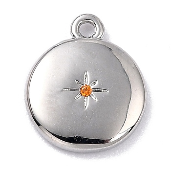 Brass Micro Pave Cubic Zirconia Charms, Long-Lasting Plated, Flat Round with Star, Orange Red, 12x10x2mm, Hole: 1.2mm
